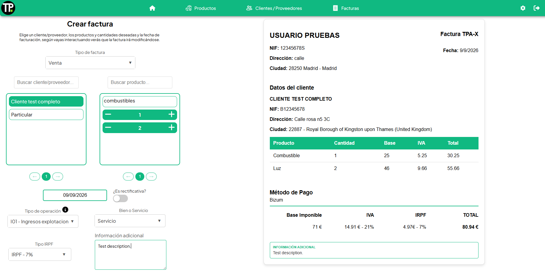 Formulario de creación de factura con integración Verifactu